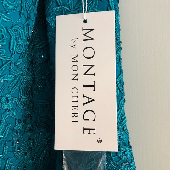Montage by Mon Cheri Long Gown Teal Size 16 NEW with tags and shawl - Picture 7 of 8